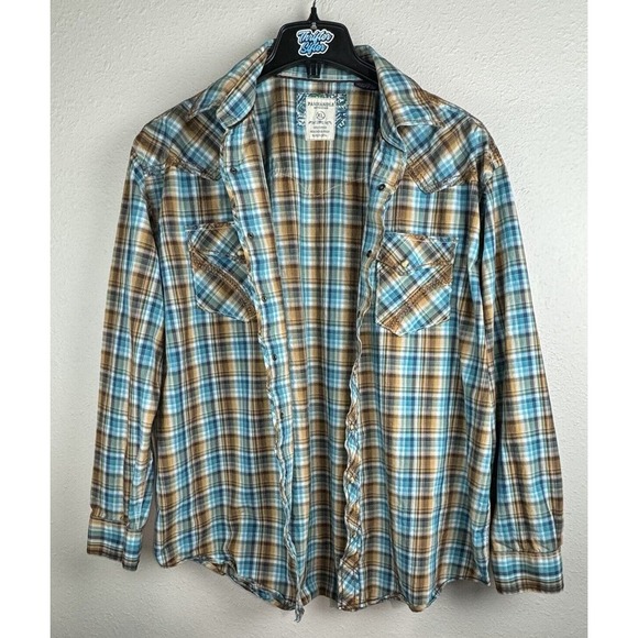 Panhandle Rough Stock XL Blue/Brown Plaid With Paisley Cuff Pearl Snap Shirt - Picture 4 of 8